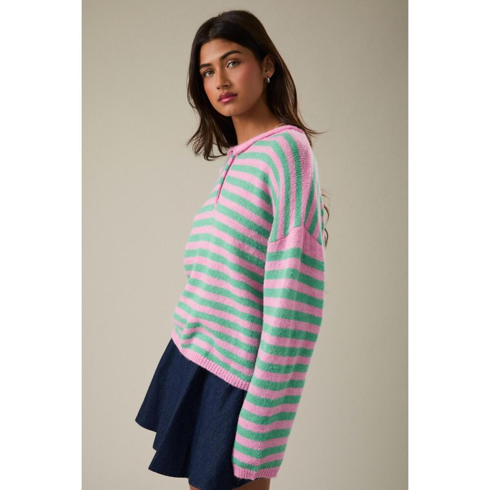 NEW LE LIS stripe half button sweater in pink mint stripe - Picture 2 of 3